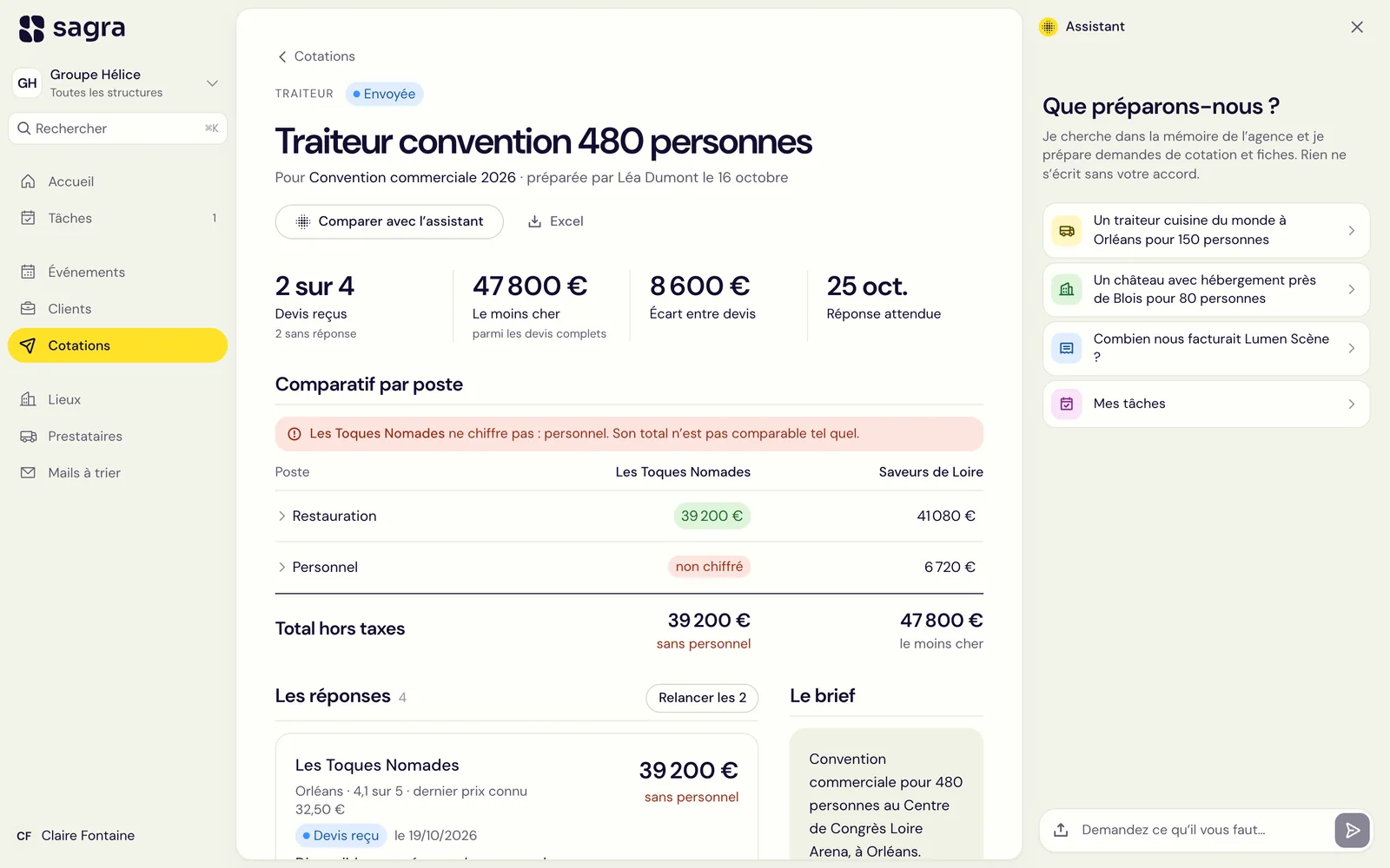 Une demande de cotation dans Sagra : devis reçus, comparatif par poste, poste non chiffré signalé