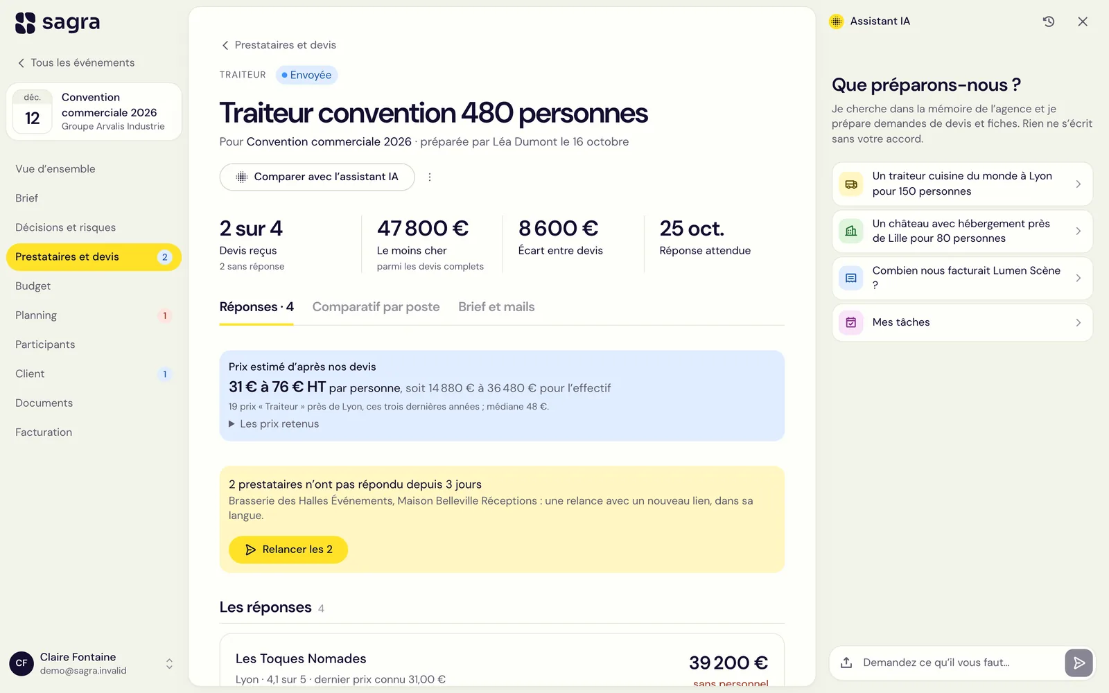 Une demande de devis dans Sagra : devis reçus, comparatif par poste, poste non chiffré signalé