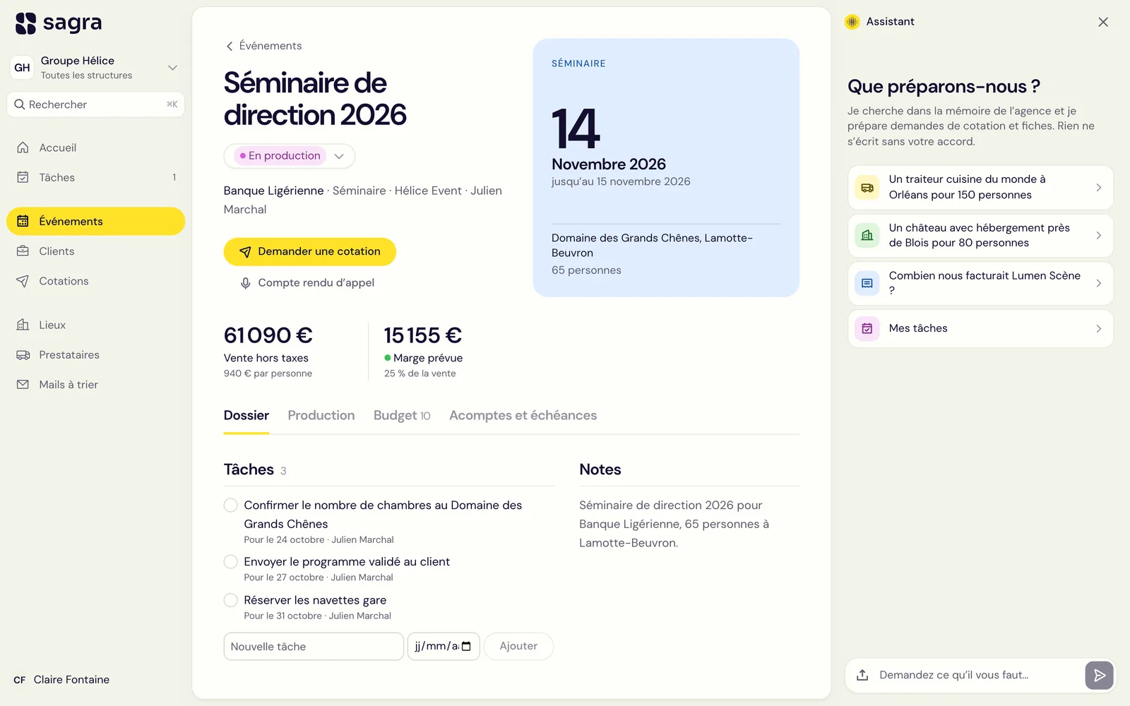 La fiche d'un événement dans Sagra : vente, marge prévue, tâches et budget