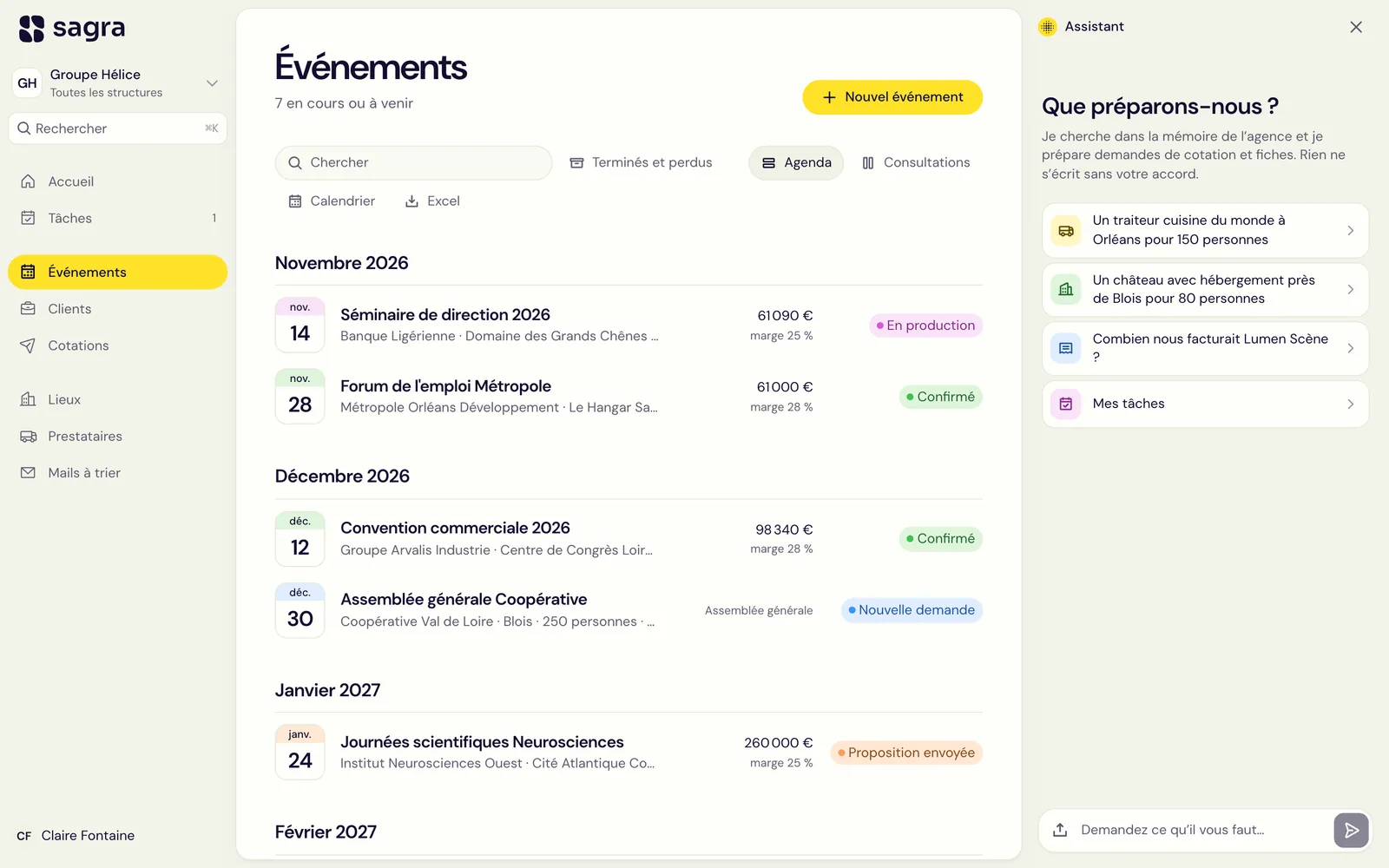Les événements en agenda dans Sagra, avec montants, marge et statut