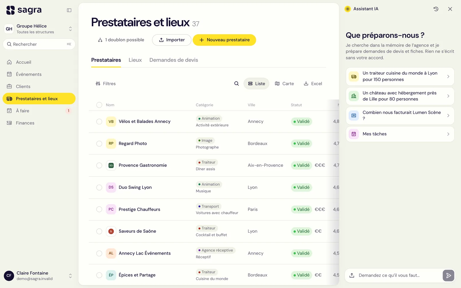 La liste des prestataires dans Sagra : catégorie, spécialité, ville, filtres et carte